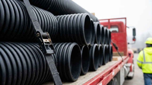 Industrial corrugated plastic pipes loaded on a flatbed truck at a construction site with a worker in the background