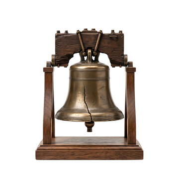 Antique bronze liberty bell replica with wooden stand isolated on transparent background for design