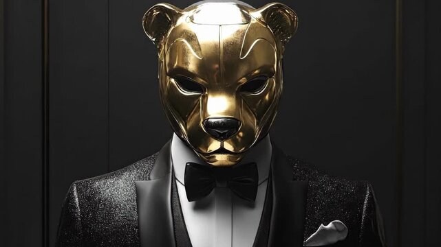 Gold panther mask on suited man in dark room, mysterious and elegant