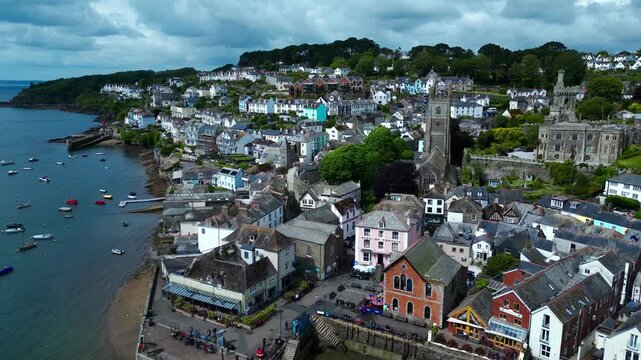 Aerial views of the seafront and estuary in the costal town of Fowey on the south coast of Cornwall in the southwest of England. 