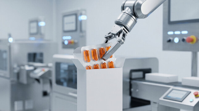 Automated robotic arm placing a blister pack of orange pharmaceutical capsules into a white cardboard box on a factory assembly line