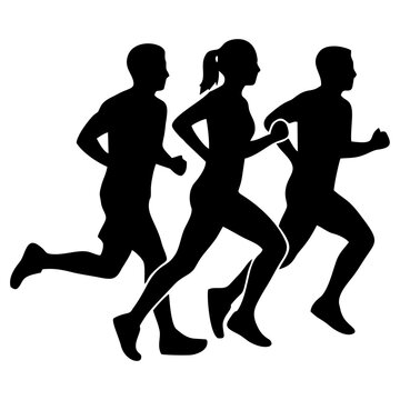 Runners in Motion: A dynamic silhouette illustration captures three athletes&mdash;two men and one woman&mdash;in full stride, representing the energy and spirit of competitive running and athletic pursuit.