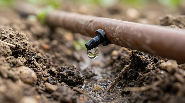 Drip irrigation pipe delivering water to dry soil. Close-up of water droplets falling from a drip emitter onto the earth, demonstrating efficient water usage in agriculture