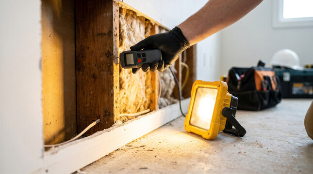 Professional home inspector using a moisture meter to check for water damage in the wooden wall studs of a house during a renovation project