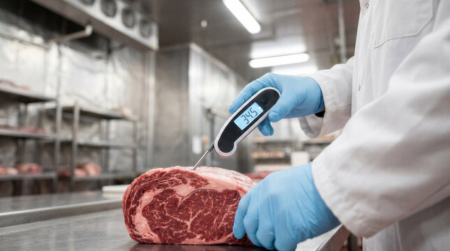 A professional butcher in a white coat and blue gloves uses a digital thermometer to check the internal temperature of raw beef