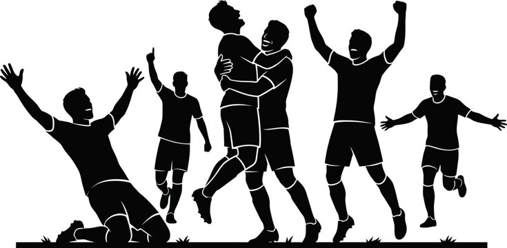 black silhouettes of happy men in soccer uniforms celebrating victory together outdoors