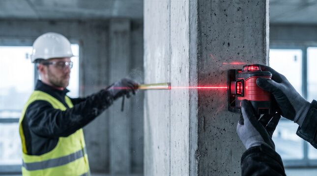 Construction worker using a laser level and tape measure on a concrete pillar at a building site