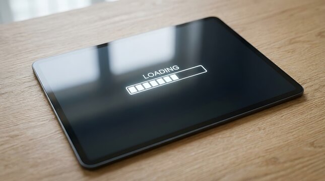 A tablet device displaying a loading bar on its screen, signifying an ongoing process or waiting period