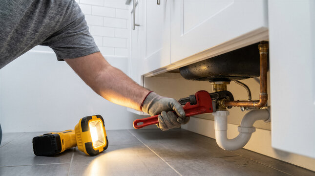 Plumber repairing a sink drain pipe under a bathroom vanity using a pipe wrench and a portable work light