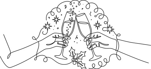 line drawing of hands holding champagne glasses with holly and stars  festive celebration © Afia