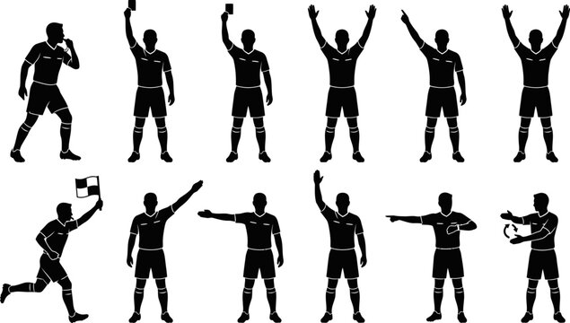 set of soccer referees in different poses and gestures on white background