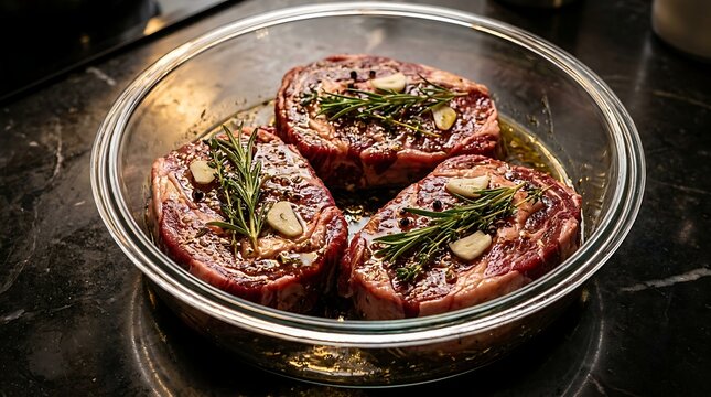 Three raw steaks marinated in a glass bowl with rosemary, garlic, and peppercorns. The steaks are ready for cooking, promising a delicious meal.
