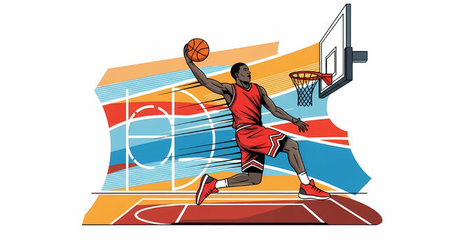 Basketball player slam dunking graphic illustration