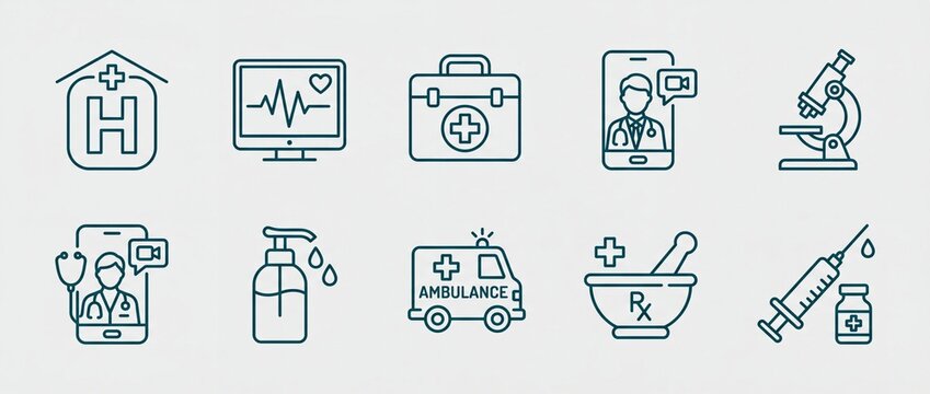 Collection of medical and healthcare line icons representing hospital ECG first aid telemedicine and more for digital and print use