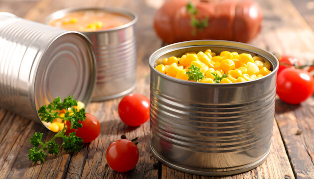 Open tin of sweet corn with parsley and cherry tomatoes scattered around on rustic wooden table, canned food concept, pantry staple