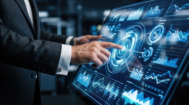 Man Interacting with Futuristic Holographic Display Showing Data and Analytics.