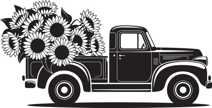 Vintage pickup truck with blooming sunflowers in the back vector illustration graphic design