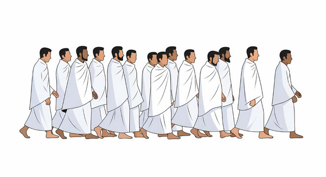 Men in ihram clothes walking for Hajj pilgrimage