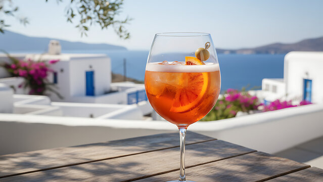 Refreshing Italian Aperol Spritz cocktail served in a large wine glass with ice, fresh orange slice garnish, and sparkling prosecco bubbles on a rustic table during summer golden hour.