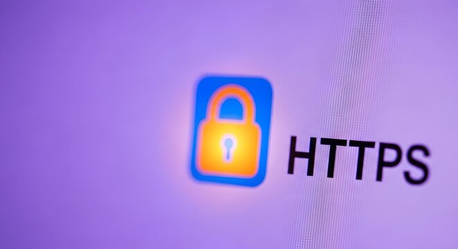 Glowing yellow padlock icon with HTTPS text on a purple screen