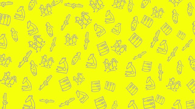 Yellow background with scientific icons in thin lines. Icons show lab tools, microscopes, and researchers. Pattern repeats evenly across the entire frame. Bright, clean, and modern aesthetic