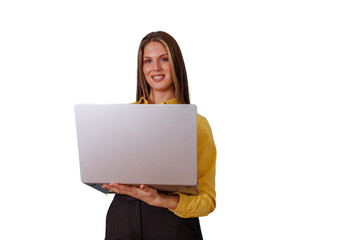 Fototapeta premium Woman employee smiling, standing holding laptop, working online accessing internet, female professional worker