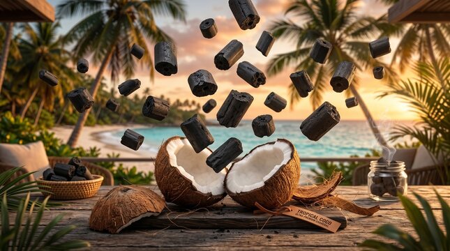 Cylindrical charcoal briquettes levitate above a split open coconut on a rustic wooden table at a tropical beach during a golden sunset.