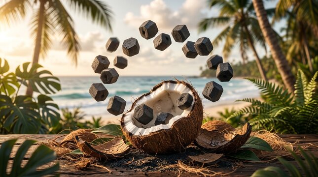 Coconut charcoal briquettes floating in a circle above a split coconut on a tropical beach at sunset.