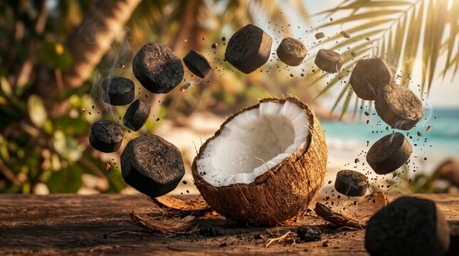 Creative concept of a split coconut with dark charcoal briquettes swirling around it on a sunny tropical beach background.