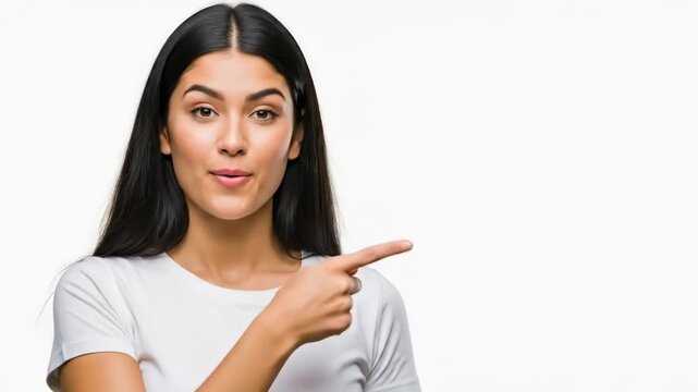 Smiling woman pointing to the right with a confident gesture