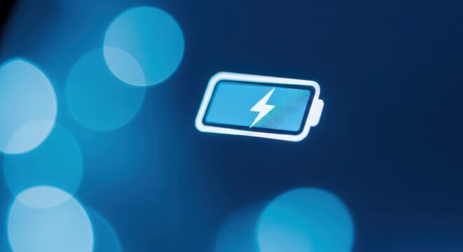 Low battery icon with lightning symbol indicating power depletion on a blurred blue background