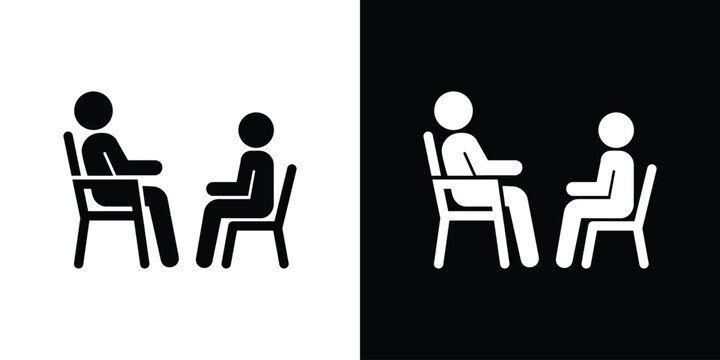 Vector icon of two people sitting on chairs facing each other, having a conversation, interview, or counseling session.