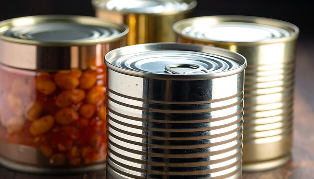 Several sealed tin cans containing food items, including a glass-fronted can revealing beans in sauce, arranged on a dark wooden surface, evoking pantry storage and provisions.