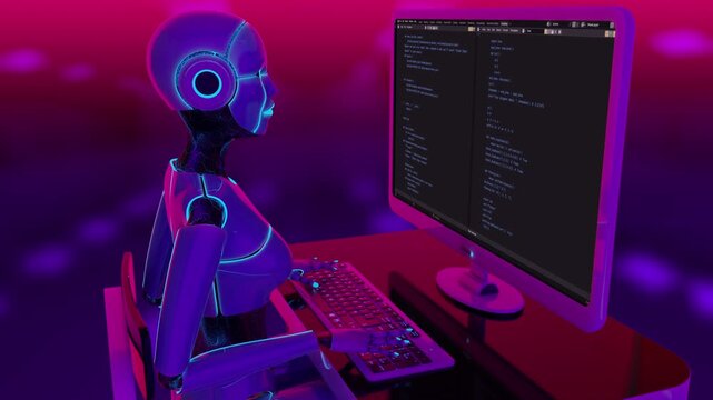 Seamless loop of a female humanoid robot coding on a transparent screen for AI and software development concepts
