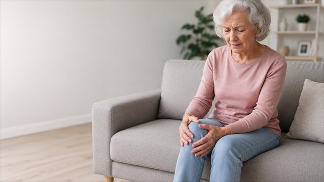 a senior woman has a knee pain on a light living room background. Copy space for text. Chronic pain concept