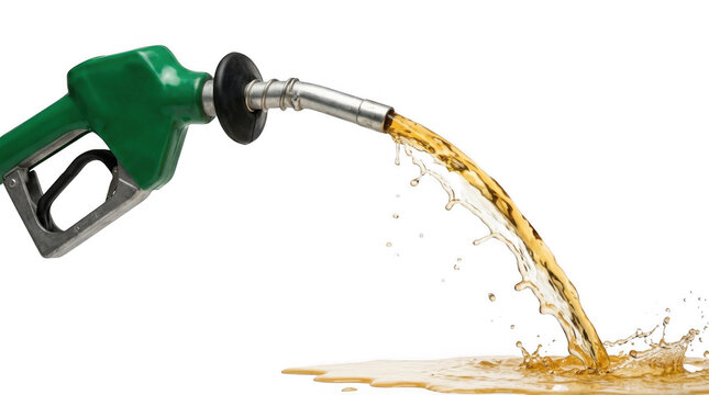Green gasoline pump nozzle dispensing a stream of golden yellow fuel, creating a splash and puddle against a solid black background