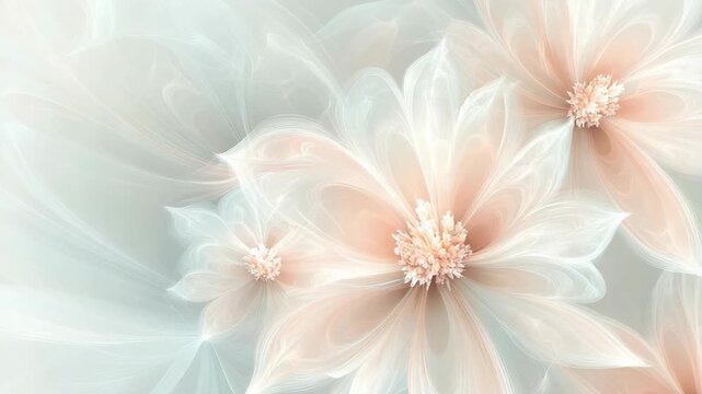 Soft blooms in light colors fill the frame. Petals show delicate details as light shines through. The flowers create a gentle atmosphere in a bright setting