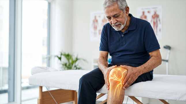 a senior man has a knee pain on a light living room background. Copy space for text