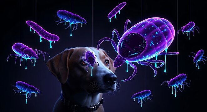 Dog portrait surrounded by glowing digital parasites and ticks