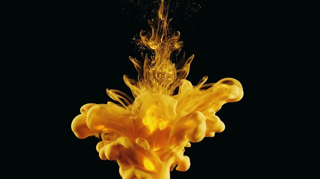 Abstract yellow ink cloud dissolving in dark water, creating a vibrant and dynamic visual effect, reminiscent of smoke or fire against a black background