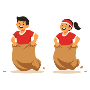 Sack Race Children Happily Competing in Traditional Outdoor Game Event