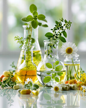 Botanical ingredients in clean lab setup showcasing natural medicine and biotech fusion for modern wellness innovation