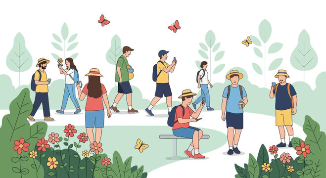 People enjoying a park, walking, sitting, and using smartphones amidst nature and butterflies