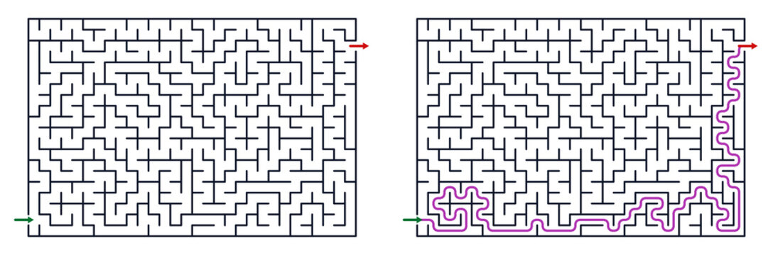 Maze puzzle with solution path highlighted on contrasting background  