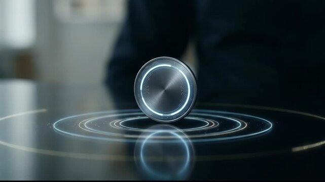 Digital literacy Digital technology futuristic circular interface glowing dark surface with hands holding metallic device showing innovation