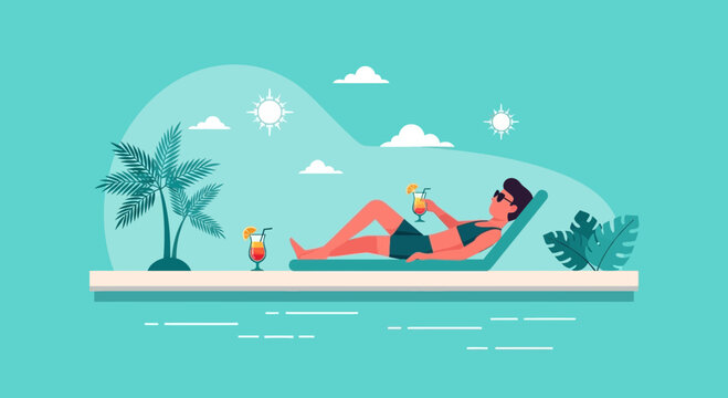 Relaxing Vacation: Woman sunbathing by pool with cocktails and palm tree