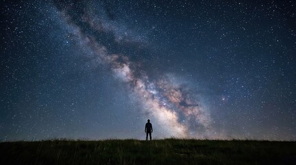 Fototapeta premium Man silhouette standing on an earth horizon observing the immense cosmic celestial body, spectacular universal galaxy path, dark starry firmament, infinite space, night atmosphere.