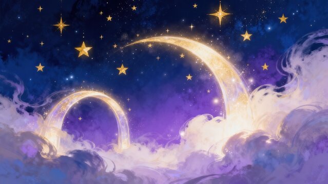Starry night sky with crescent moon and clouds