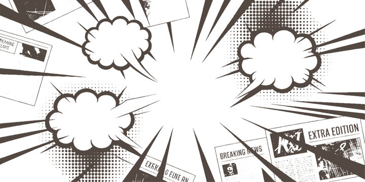 Comic book style explosion of newspapers and speech bubbles in brown and white burst