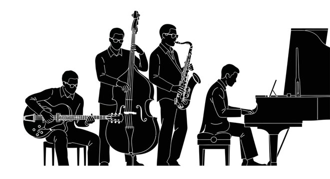 jazz band performing with guitar double bass saxophone and piano